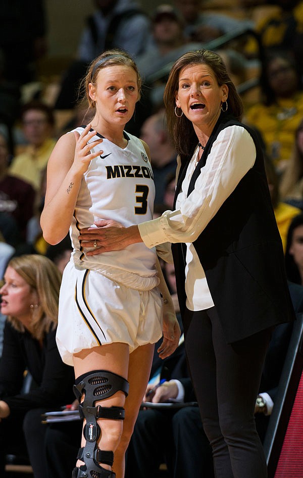 Missouri head coach Robin Pingeton talks with Sophie Cunningham during the second half of a game against Mississippi State on Feb. 1, 2018, at Mizzou Arena