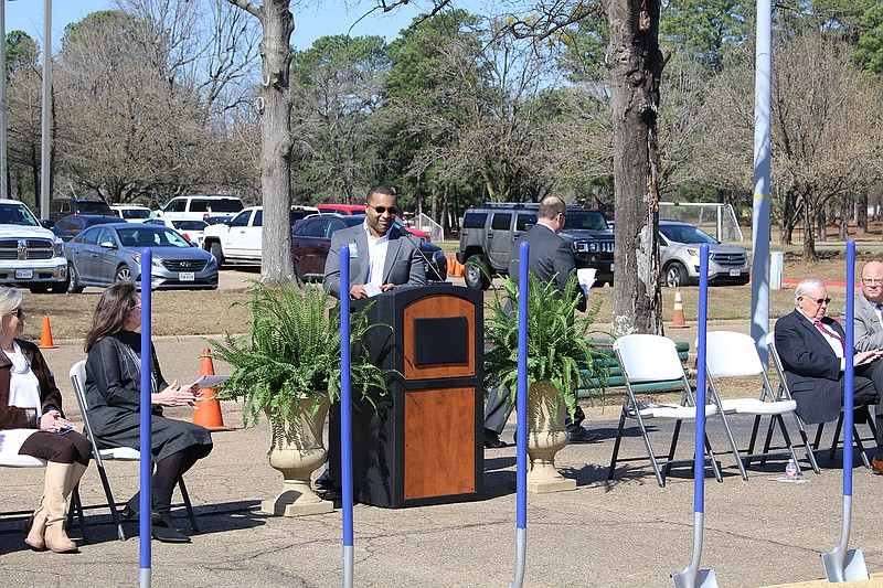 Brandon Washington, dean of workforce development at Texarkana College, speaks Monday at the groundbreaking for the school's Center for Workforce Innovation. The $1.2 million center will house four programs to train students for in-demand manufacturing jobs.