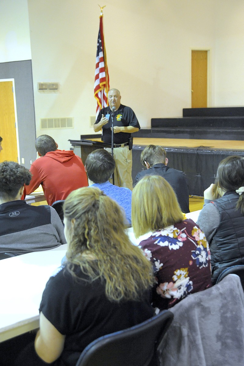 <p>Democrat photo/Michelle Brooks</p><p>American Legion Edgar Cole Post 304 held its sixth annual County Government Day Feb. 28 for nearly 100 high school students from California, Jamestown and Tipton, featuring speaker Rick Bias, interim 911 director.</p>