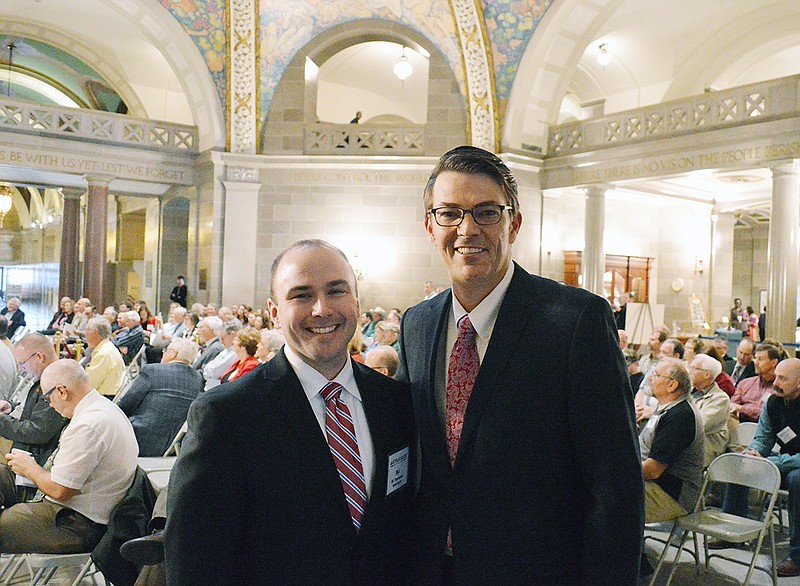 B.J. Tanksley, state legislative affairs director for Missouri Farm Bureau, left, and Speaker of the House Todd Richardson talk Tuesday during the Missouri Farm Bureau's annual rally at the Capitol.