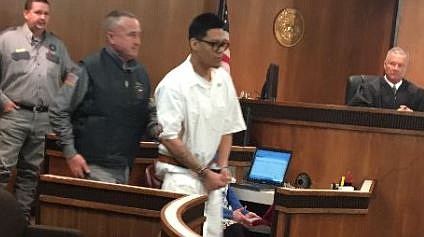 Telford Unit inmate Alonzo Gilbert Guerrero Jr. appears Friday, March 2, 2018 for arraignment at the Bowie County Courthouse in New Boston, Texas. Guerrero is accused of flinging human waste at a guard.