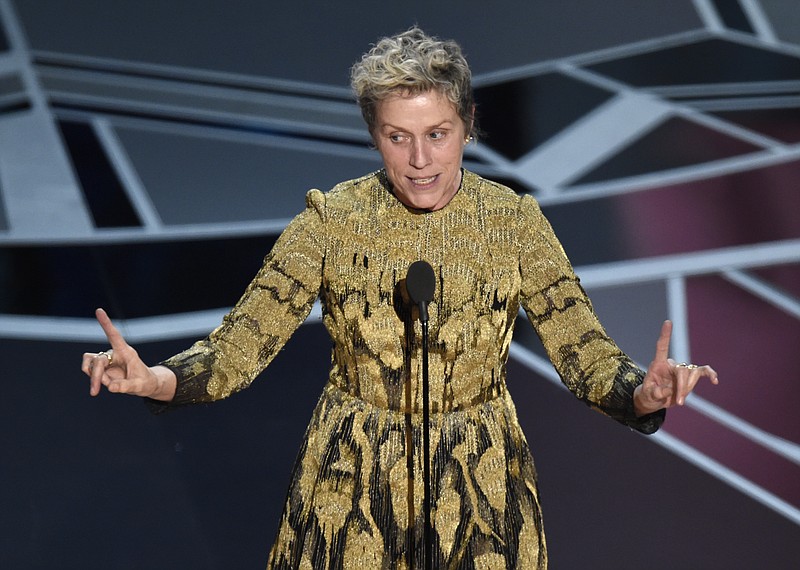 Frances McDormand accepts the award for best performance by an actress in a leading role for "Three Billboards Outside Ebbing, Missouri" at the Oscars on Sunday, March 4, 2018, at the Dolby Theatre in Los Angeles. (Photo by Chris Pizzello/Invision/AP)