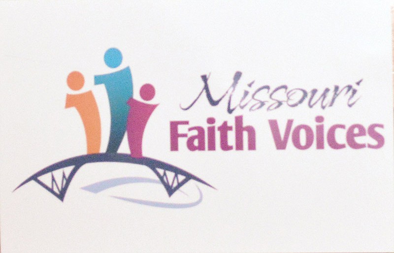 Missouri Faith Voices' logo is shown draped over a podium Feb. 20, 2018 during a presentation at the State Capitol.