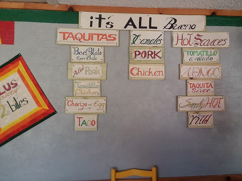 The menu of Taquitas Plus, offering an array of taquitas, salsa and more, is shown Friday at 3015 Texas Blvd.