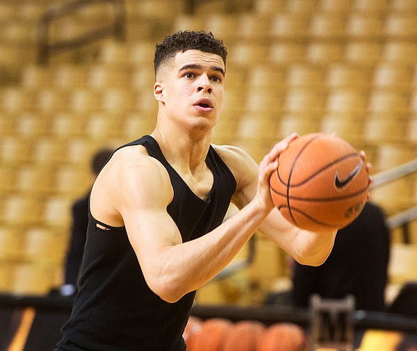 Missouri's Michael Porter Jr. shoots baskets before last Saturday's game against Arkansas at Mizzou Arena. Porter will make his long-awaited return to the court following lower back surgery when the Tigers opens at the Southeastern Conference Tournament against Georgia today in St. Louis.