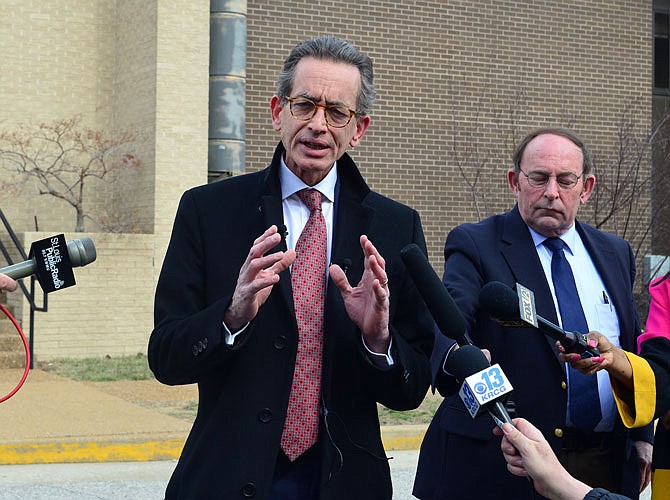Albert Watkins, a St. Louis attorney representing the former husband of the woman who had an affair with Gov. Eric Greitens, holds a press conference Friday afternoon outside the Jefferson City Police Department.
