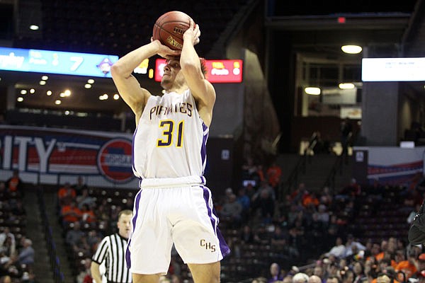 Aaron Brandt of Chamois puts up a shot during Friday night's Class 1 semifinal against Eminence in Springfield.