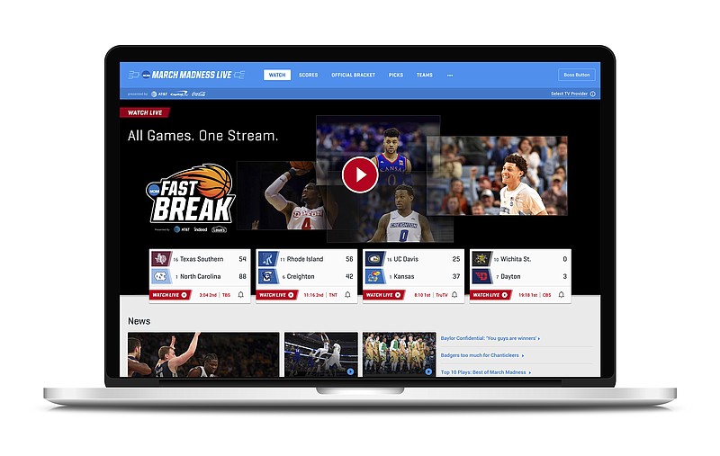 This undated product image provided by Turner Broadcasting System, Inc. shows March Madness Live on a laptop. The men’s college basketball tournament begins Tuesday, March 13, 2018. All 67 games will be available online. On desktops and laptops, the March Madness website will have a "boss button." One click replaces the game with a fake screenshot of a search engine, spreadsheet or PowerPoint-like app, your choice, but set it up ahead of time. (Turner Broadcasting System, Inc. via AP)