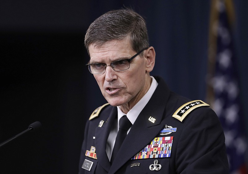 FILE - In a Aug. 30, 2016, file photo, U.S. Central Command Command Commander, Army Gen. Joseph Votel, speaks to reporters at the Pentagon. U.S. military leaders are considering new guidelines for the use of helmet cameras on the battlefield after Islamic State-linked fighters in Niger exploited footage taken by a fallen American soldier to make a propaganda video that highlighted the killing of four U.S. forces. (AP Photo/Manuel Balce Ceneta, File)