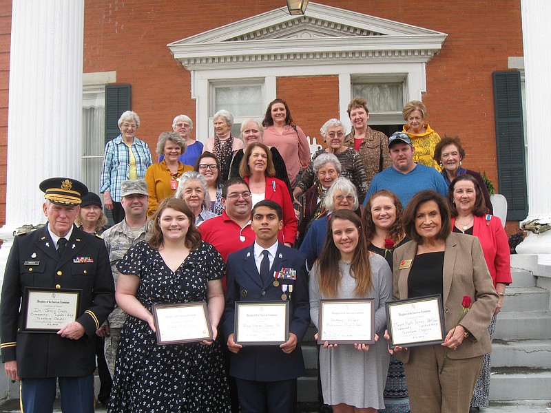 The Texarkana Chapter of the Daughters of the American Revolution's Regent Rebecca Epps, Vice Regent Dorothy Morgan and Parliamentarian Maxine Crow presented various awards March 1 at the Wilson House, 501 Pecan St. Recipients and their awards are, front row from left, Dr. Jerry Creek, Community Leadership Award; Makenna Schaeffer of Fouke High School, Good Citizen; Felipe Antonio Jusino Jr. of Arkansas High School, certificate of accomplishment; Brittany Kelley of AHS, Good Citizen; and Mayor Ruth Penney-Bell, Community Leadership. Victoria Hill of Genoa Central High School was unable to attend for awards. (Submitted photo)