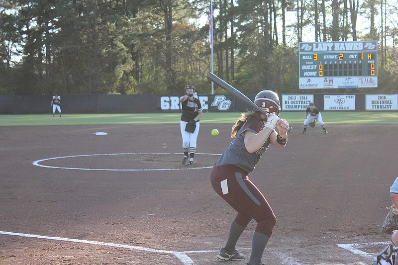 Foreman's Raichel Frye awaits the pitch from Pleasant Grove hurler Maddie Horn on Monday at Lady Hawk Field.