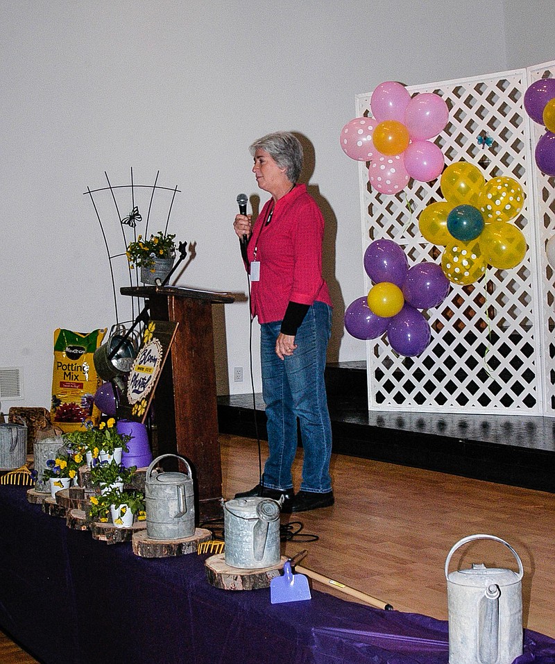 <p>Democrat photo / David A. Wilson</p><p>Alice Longfellow, of Longfellow’s Garden Center, speaks at the first general session of the Women in Ag event.</p>