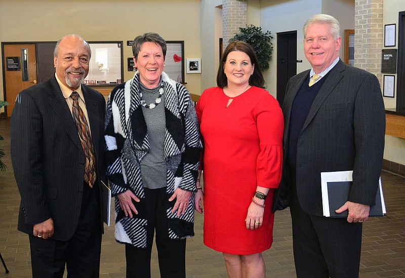 Mark Wilson/News Tribune
Jefferson City Public School board candidates Michael Couty, from left, Pam Murray, Lindsey Rowden and Ken Enloe attend a candidate forum at City Hall Wednesday evening. The event was hosted by the News Tribune.