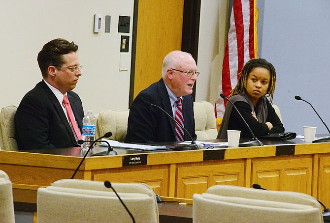 Jefferson City Council candidates, from left, Jon Hensley, Jim Crabtree and Ashley Jones-Kaufman answer questions Wednesday during a candidate forum hosted by the News Tribune at City Hall.