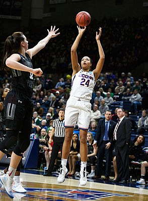 Connecticut's Napheesa Collier puts up a shot during Saturday's game against Saint Francis in Storrs, Conn.