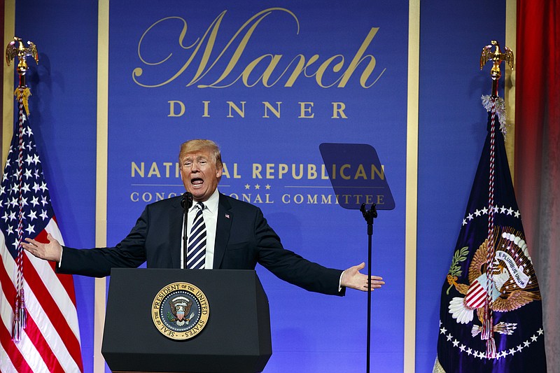 In this March 20, 2018 photo, President Donald Trump speaks to the National Republican Congressional Committee March Dinner at the National Building Museum in Washington. The tempest over President Donald Trump's congratulatory phone call to Russia's Vladimir Putin is quickly evolving into an uproar over a White House leak about the call. The leak has sparked an internal investigation and speculation over who might be the next person forced out of the West Wing. The White House says in a statement it would be a "fireable offense and likely illegal" to leak Trump's briefing papers to the press.  (AP Photo/Evan Vucci)