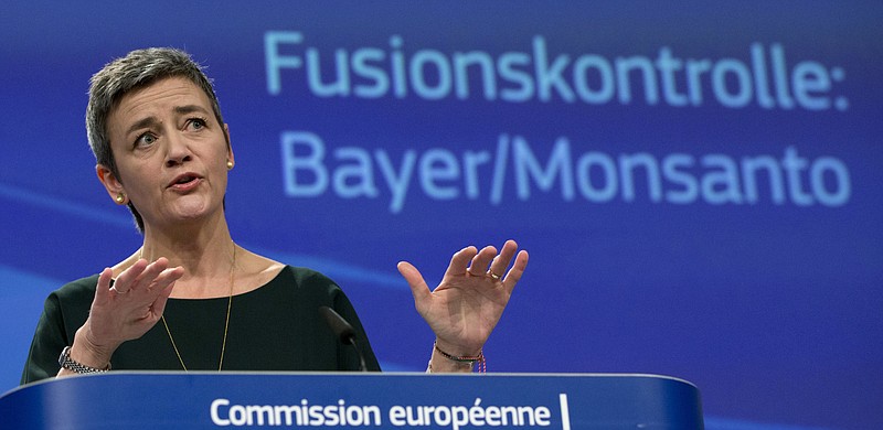 European Commissioner for Competition Margrethe Vestager speaks during a media conference at EU headquarters in Brussels, Wednesday, March 21, 2018. (AP Photo/Virginia Mayo)