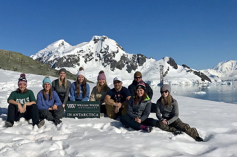 William Woods students recently traveled to Antarctica, which is currently experiencing summer. From left: Leah Easley, Ava Demanes, Tori Wiley, Ashley Pendleton, Baylie Borman, Travis Tamerius, Shannon Graziano, Megan Rodgers and Amanda Creacy.