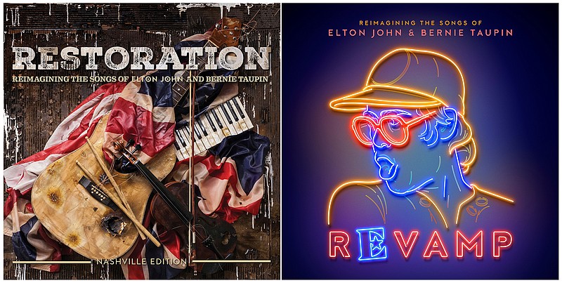 This combination photo shows album covers "Restoration," left, and "Revamp," featuring songs by Elton John that are re-worked and performed by top artists, which will be released on April 6. (Universal Music via AP)