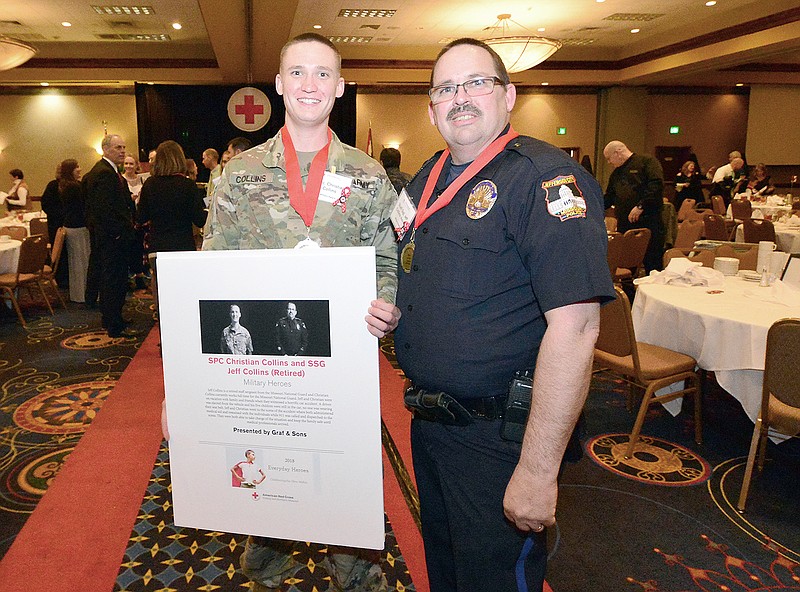 Spc. Christian Collins and his dad, Staff Sgt. Jeff Collins (Retired), received the Military Award on Wednesday during the Red Cross of Central and Northern Missouri's annual Heroes Dinner fundraiser. The two were honored for an act of heroism that took place while on vacation out of state with family and friends. They had witnessed a horrific vehicle rollover which ejected the driver and trapped his five children inside. Their immediate action saved all involved.