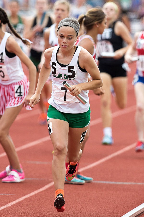 Kayla Jones of Blair Oaks runs a leg of the 4x800-meter relay at last year's Class 3 state track and field championships at Adkins Stadium.