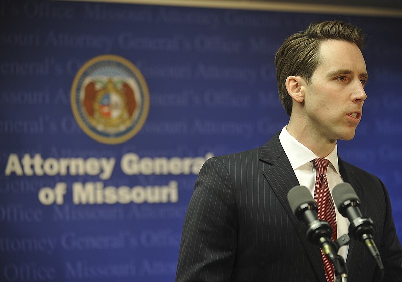 Missouri Attorney General Josh Hawley speaks during a news conference March 23, 2018. 