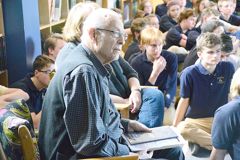 Dr. Ram Leon Levy, Holocaust survivor, waits to speak Thursday to students at Helias High School about his experiences during World War II. Having endured various hardships as a young boy and being very close to being deported to a death camp, Levy managed to survive the war. He was born in Bulgaria in 1933 and emigrated to Israel in 1949. In 1968, he was hired as a Research Scientist for McDonnell-Douglas.