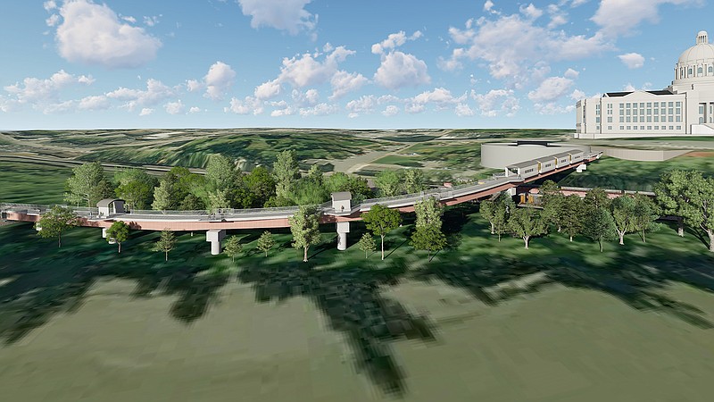 A rendering shows the addition of rail car-style museums to a bridge leading to Adrian's Island. The museums would highlight Missouri's history.