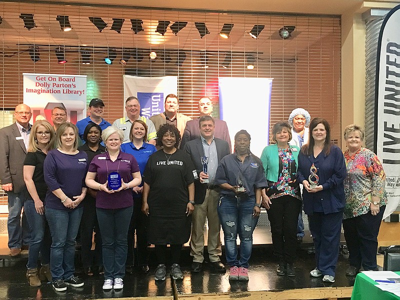 Representatives of the top five contributors for United Way of Greater Texarkana's recent fundraising campaign were recognized Friday, March 23, 2018, during the nonprofit organization's recognition breakfast at Williams Memorial United Methodist Church in Texarkana, Texas. The top five contributors were Cooper Tire and Rubber Co. USW 752L, CHRISTUS St. Michael Health System, Graphic Packaging, Red River Federal Credit Union and Wadley Regional Medical Center. (Submitted photo)