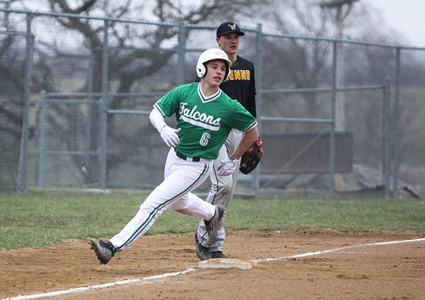 Nolan Hair of Blair Oaks rounds third base during the first inning of Saturday afternoon's game against Vienna at the Falcon Athletic Complex in Wardsville.