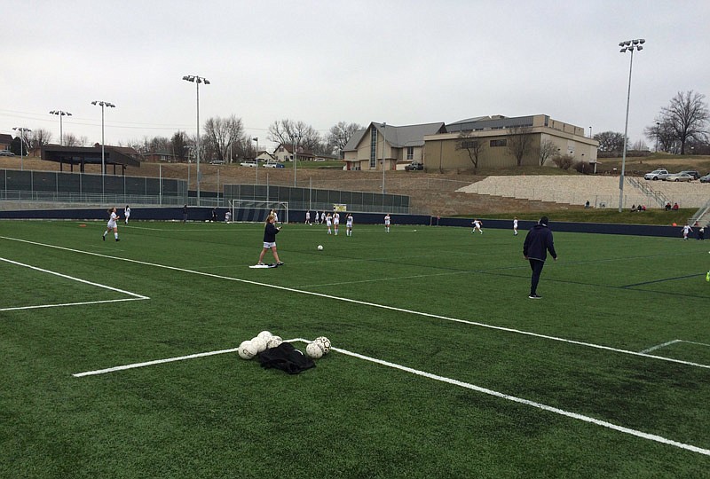 The Helias Lady Crusaders warm up Saturday afternoon in advance of their 6-1 victory against the Camdenton Lakers at the Crusader Athletic Complex in Jefferson City.