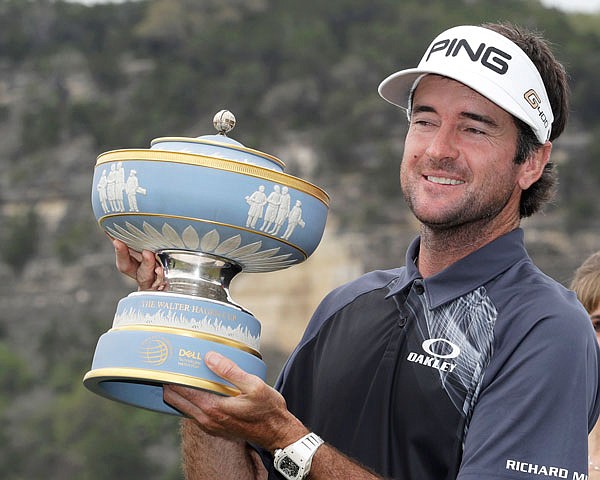 Bubba Watson holds his trophy after winning the final round at the Dell Technologies Match Play on Sunday in Austin, Texas.