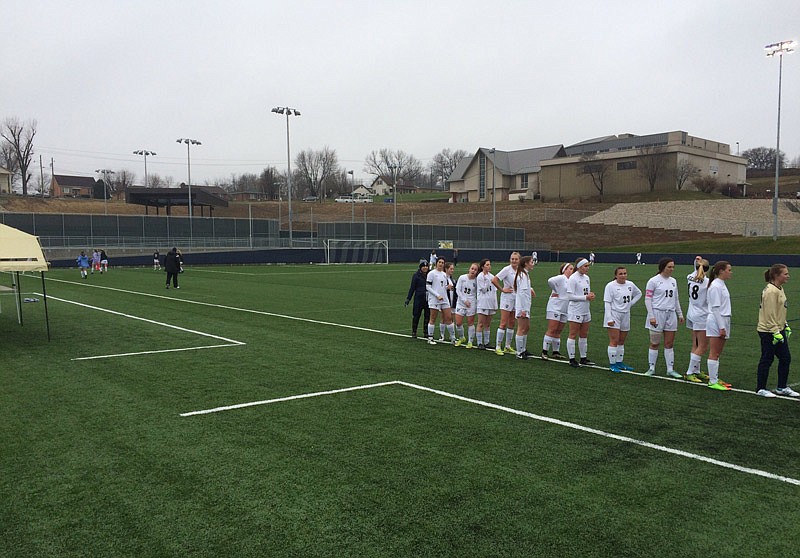 The Helias Lady Crusaders JV team lines up at Crusader Athletic Complex Monday, March 26, 2018 following its 6-0 soccer win against Battle in just one half. Helias then won the varsity contest 5-4.