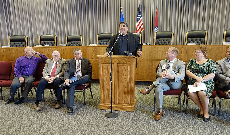 At the podium, Jorge Perez introduced himself in Fulton Sept. 19, 2017 as the new owner of the Fulton Medical Center under the auspices of two companies, National Alliance of Rural Hospitals and Empower HMS, also known as Rural Community Hospitals of America. 