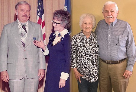 Al Melde and wife Jo are seen in this a comparison photo in March 1974 (left) when he received the Meritorious Civilian Service Medal and on the right during a recent interview with the couple. Melde served as the depot's executive assistant (deputy commander) from 1964 to 1986.