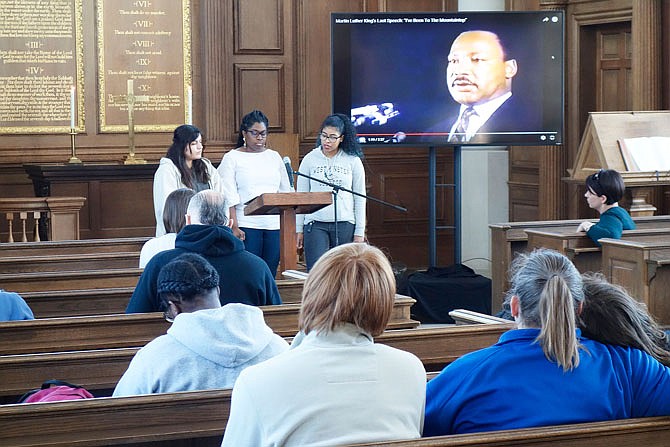 Westminster students Sandra Mondragon, from left, Sydney Franklin and Tychirra Moreno read a poem by Langston Hughes, "Let America Be America Again," at a ceremony marking the moment Dr. Martin Luther King Jr. died 50 years ago in Memphis, Tennessee. The event was at the National Churchill Museum in Fulton.
