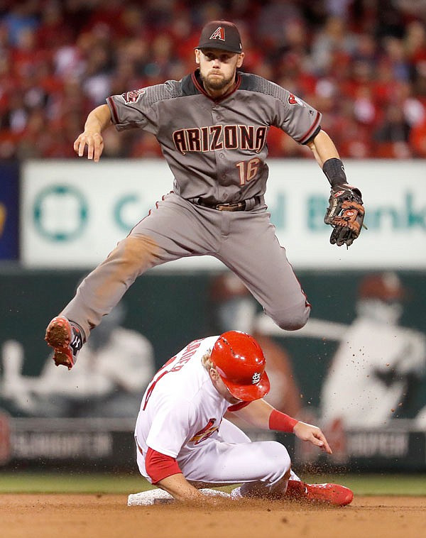 Harrison Bader of the Cardinals is out at second as Diamondbacks second baseman Chris Owings turns a double play during the fifth inning of Thursday night's game at Busch Stadium.