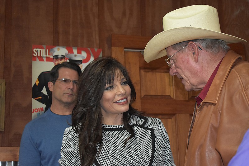 Jan Morgan campaigns Thursday at Big Jake's Bar-B-Q in Ashdown, explaining her goals if she wins the race to become governor of Arkansas.  