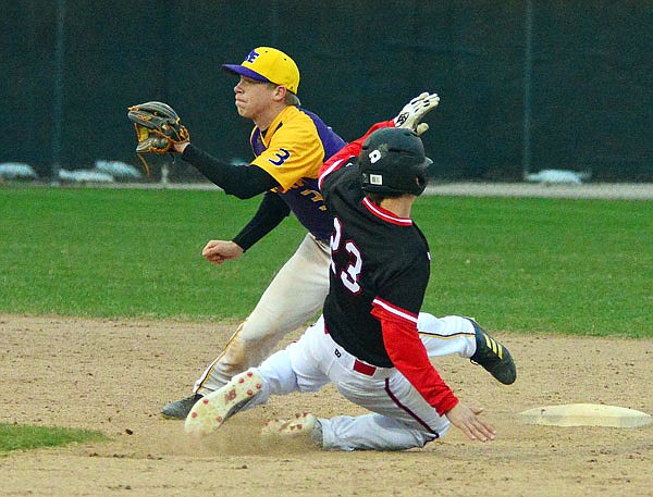 Jefferson City's Ryan Sturm steals second ahead of the throw to Eureka's Will Woods in the second inning during Friday's game in the Capital City Invitational at Vivion Field.