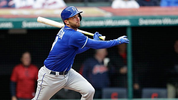 Royals catcher Drew Butera watches the ball after hitting against the Indians in the seventh inning of Friday's game in Cleveland.