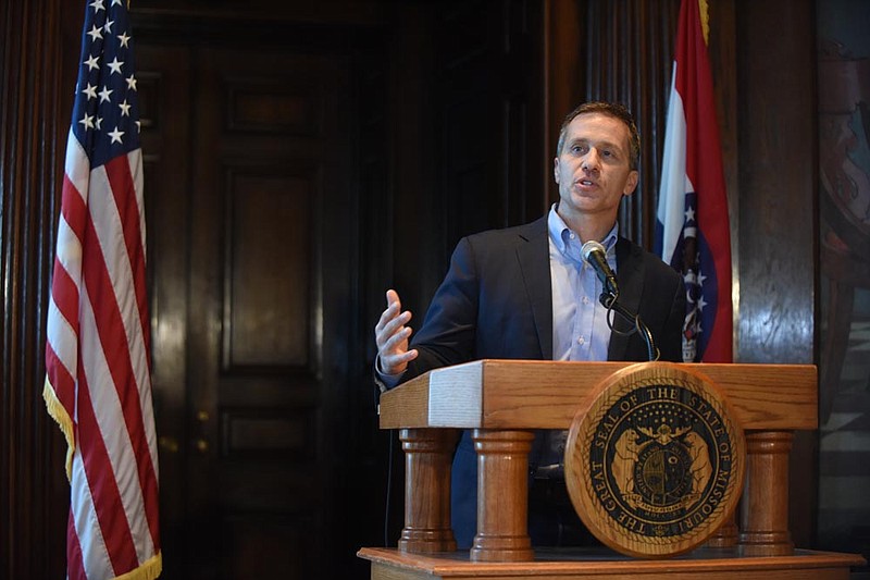 Gov. Eric Greitens speaks to reporters in his office Wednesday, April 11, 2018.