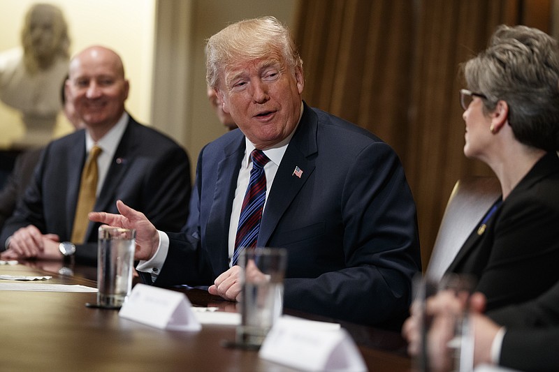 Gov. Pete Ricketts, R-Neb., left, listens as President Donald Trump speaks to Sen. Joni Ernst, R-Iowa, during a meeting with governors and lawmakers in the Cabinet Room of the White House, Thursday, April 12, 2018, in Washington. (AP Photo/Evan Vucci)