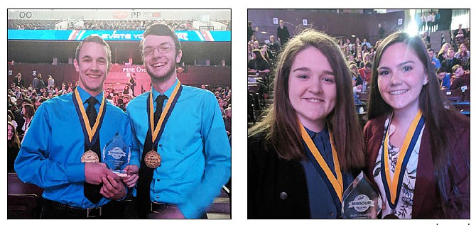 LEFT: Gabe Lubbert, left, and Haydon Windsor qualified to attend a national Future Business Leaders of America conference after earning a fourth-place finish for its business ethics presentation at the state conference in Springfield.
RIGHT:  Paige Key, left, and Ellie McCray also qualified for the national conference in Baltimore following a fourth-place finish for their business financial plan presentation.