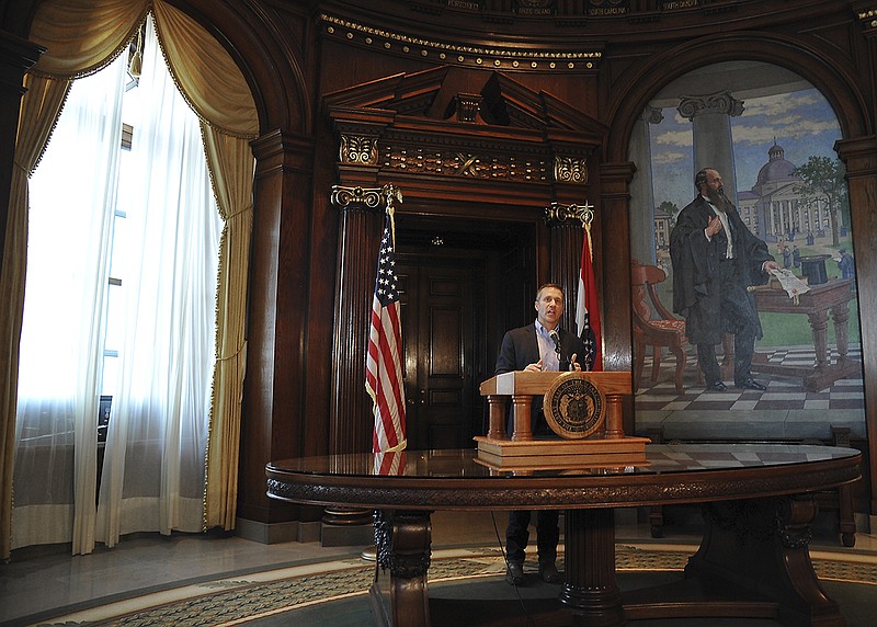 Missouri Gov. Eric Greitens held a news conference Wednesday, April 11, 2018, in his Capitol office in Jefferson City ahead of the House investigatory report released shortly afterward.