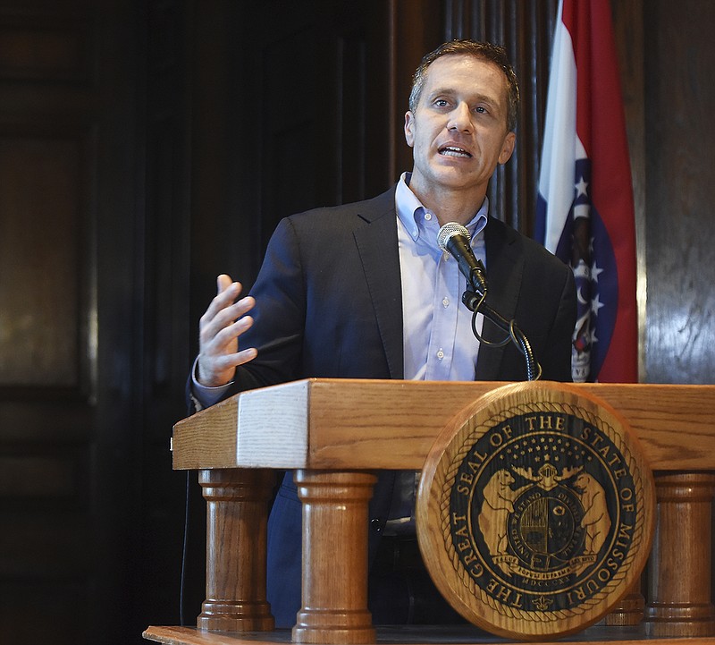 Missouri Gov. Eric Greitens held a news conference Wednesday, April 11, 2018, in his Capitol office in Jefferson City ahead of the House investigatory report released shortly afterward.