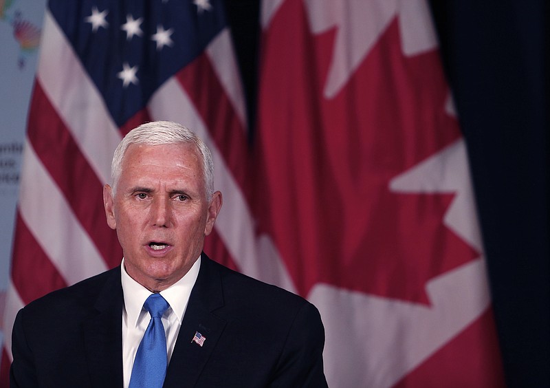 U.S. Vice President Mike Pence speaks during a bilateral meeting with Canada's Prime Minister Justin Trudeau, at the Summit of the Americas in Lima, Peru, Saturday, April 14, 2018. (AP Photo/Karel Navarro)