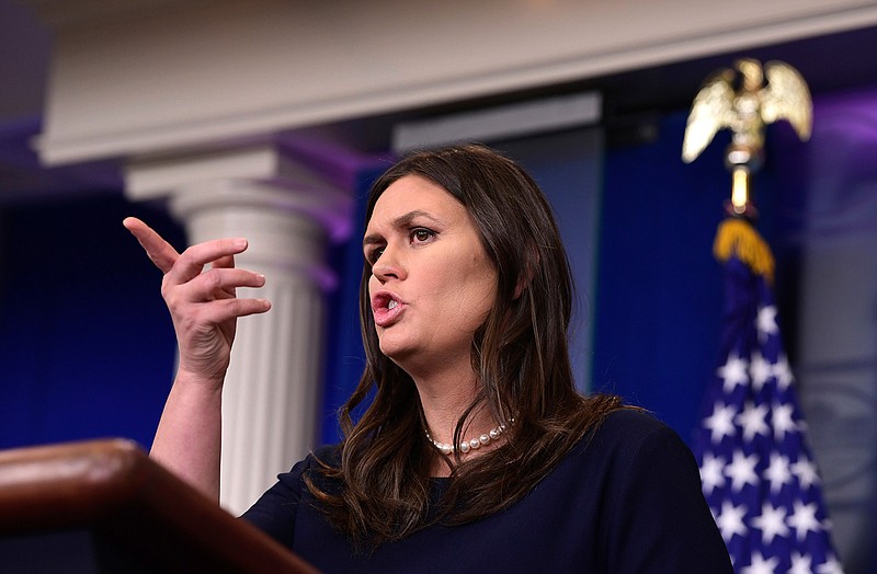 White House press secretary Sarah Huckabee Sanders speaks during the daily briefing at the White House in Washington, Friday, April 13, 2018. Sanders was asked about Syria, former FBI Director James Comey, and other topics. (AP Photo/Susan Walsh)