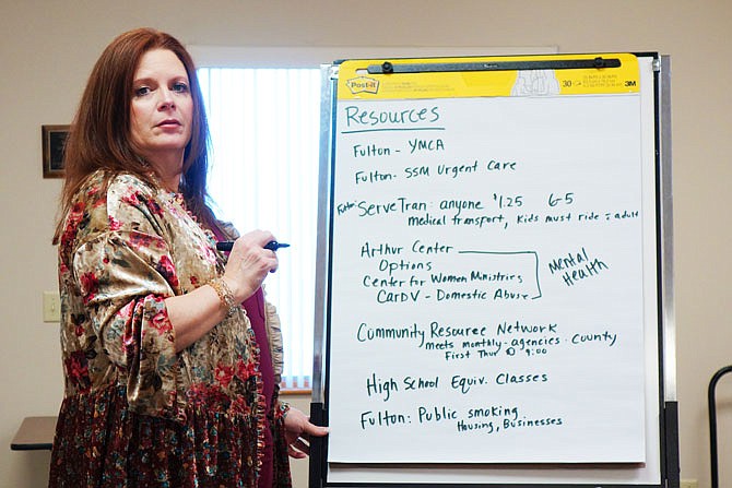 Tiffany Rutledge, a registered nurse with Capitol Regional Medical Center, lists out community resources. She led a meeting Thursday for locals to share about county health needs.