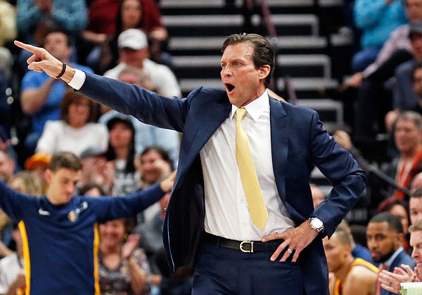 Jazz head coach Quin Snyder shouts to his team in the first half during a game earlier this month against the Clippers in Salt Lake City.