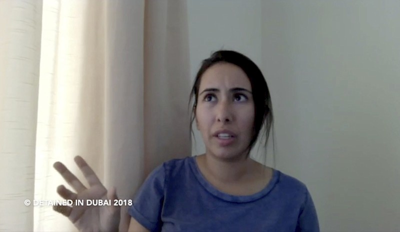 This undated image from video provided by Detained in Dubai, a London-based for-hire advocacy group long critical of the United Arab Emirates, shows Sheikha Latifa bint Mohammed Al Maktoum, a daughter of Dubai’s ruler, in a 40-minute video in which she says she’s planning on fleeing the country in Dubai, UAE. The former spy Herve Jaubert said he tried to help her flee the country in a cloak-and-dagger escape by sea in March 2018, but was thwarted when commandos intercepted their sailboat in the Arabian Sea. (Detained in Dubai via AP)